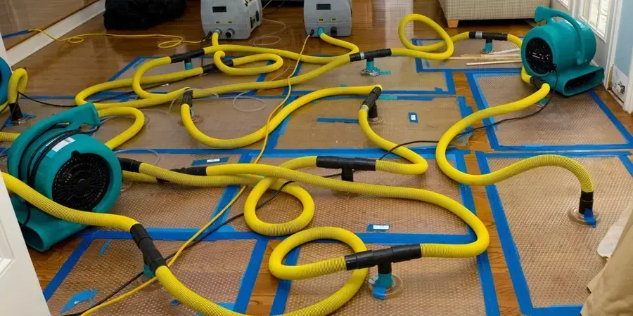 Air movers and drying mats taped across a hardwood floor during structural drying
