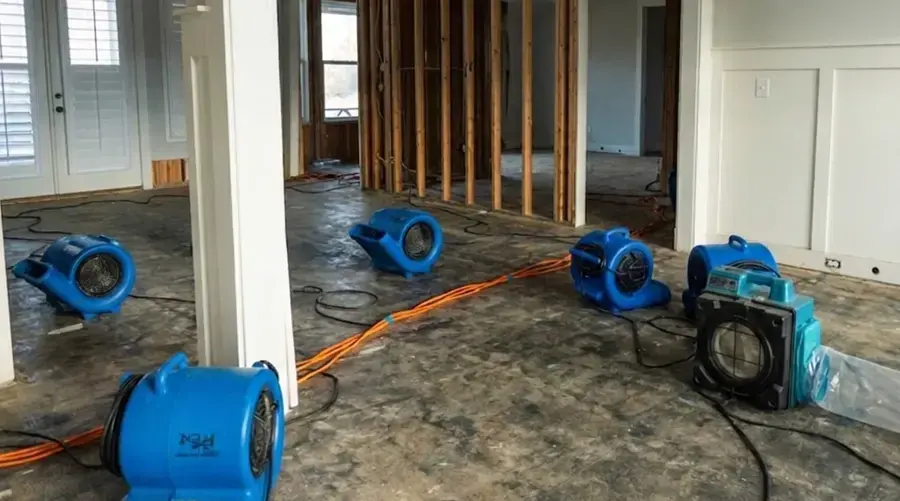 Air movers drying a wet floor in a gutted room with the walls opened