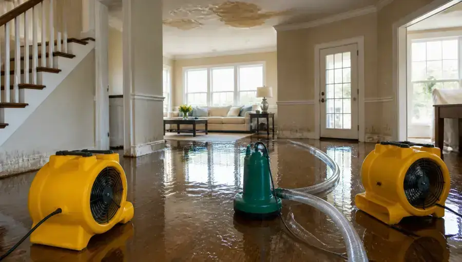 Yellow air movers and a submersible pump working in a flooded living room in a Hempstead home