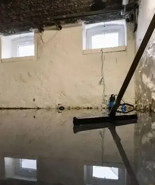 Floodwater up to the basement windows of a Hempstead area home, with a squeegee in the water
