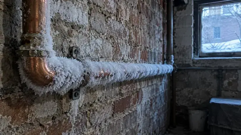 Frost-covered copper pipe along a brick basement wall during a hard freeze