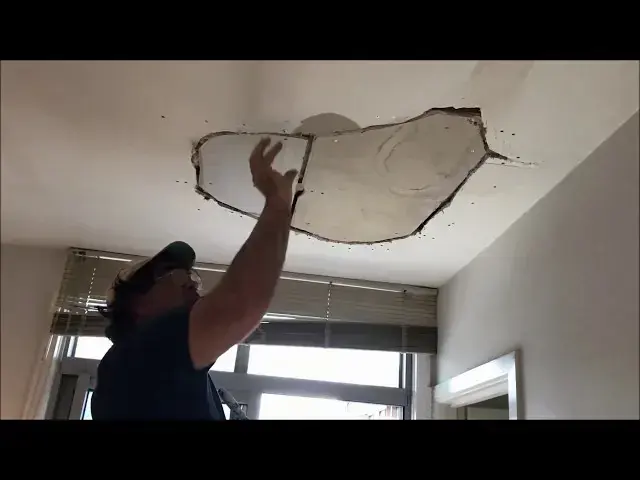 Worker pulling a loose section of water-damaged ceiling down below a roof leak