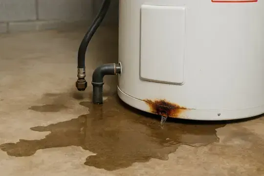 Rusted water heater base leaking water across a concrete basement floor